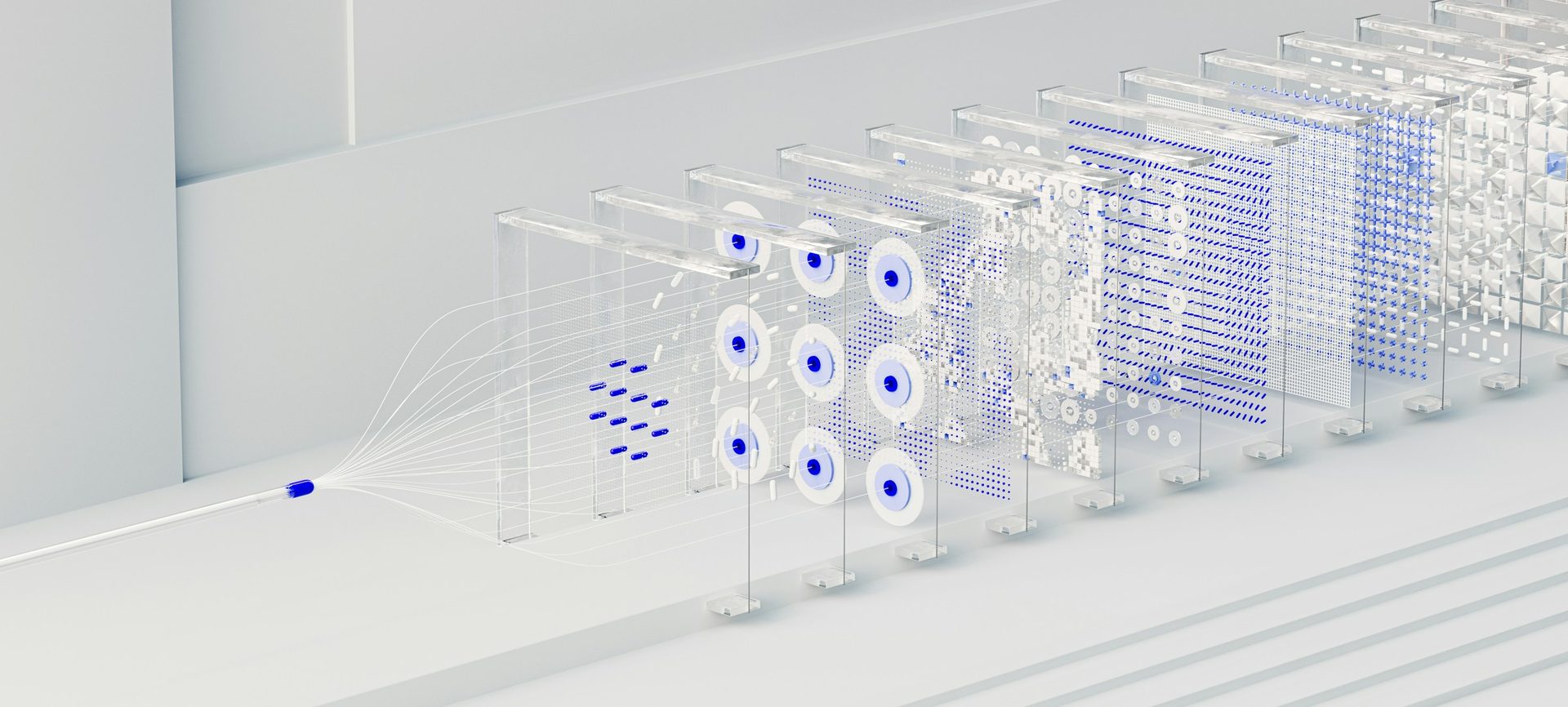 En illustration av AI: ett neuralt nätverk i form av en rad glaspaneler