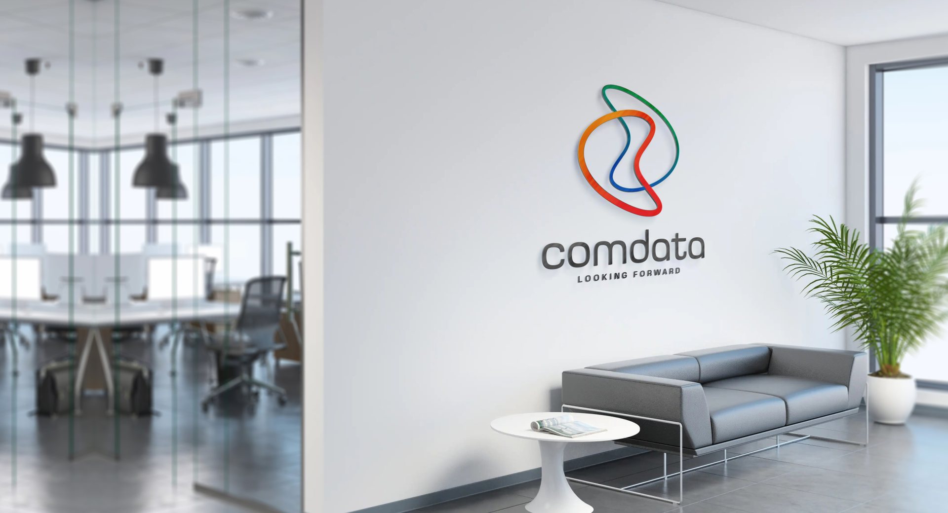 ComData-logotypen på väggen i lobbyn