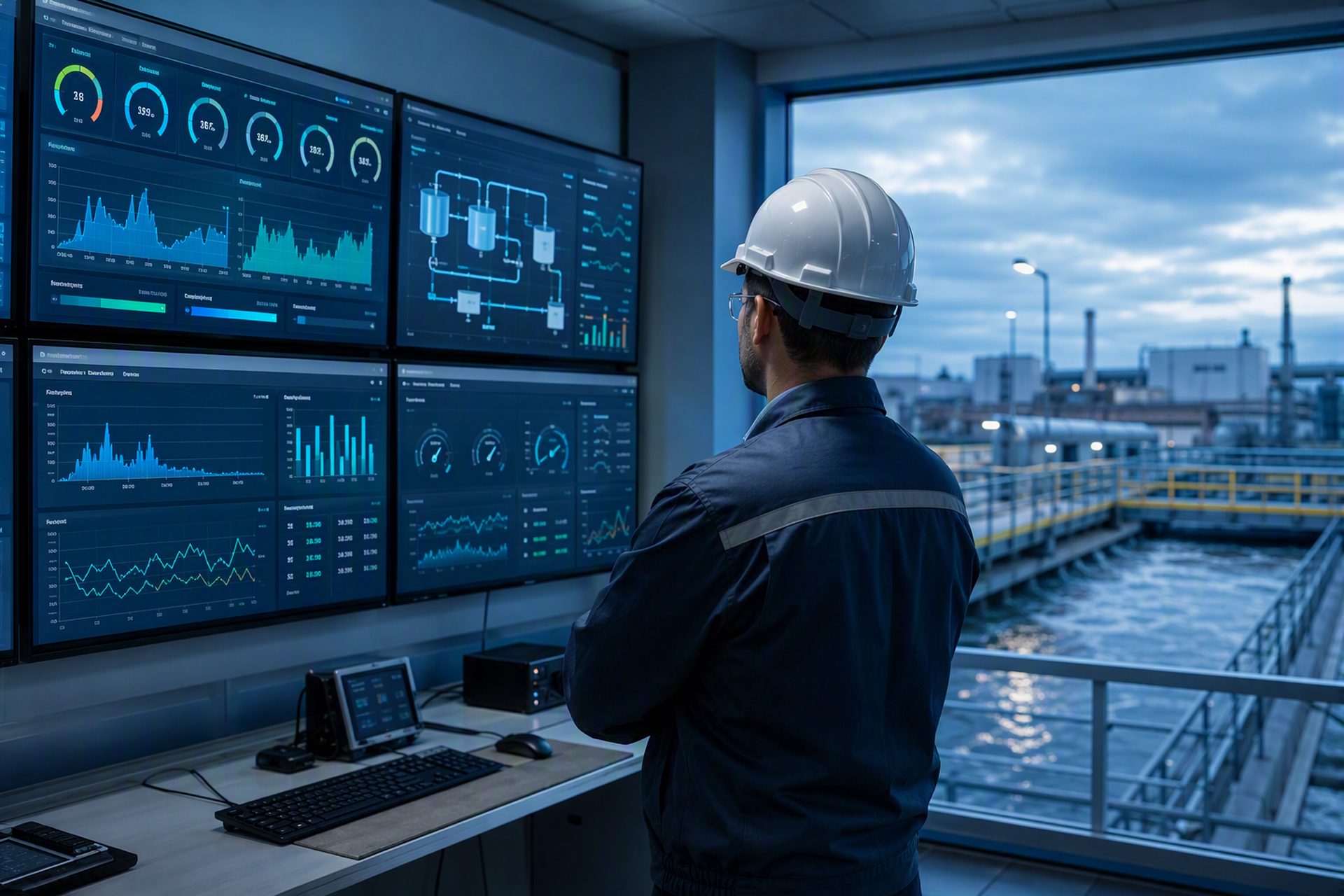 En ingenjör framför dashboards i ett kontrollrum